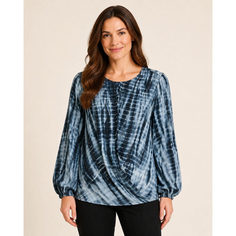 Karen Kane Women’s S Blue Tie Dye Metallic Stripe Wrap Balloon Sleeve Blouse